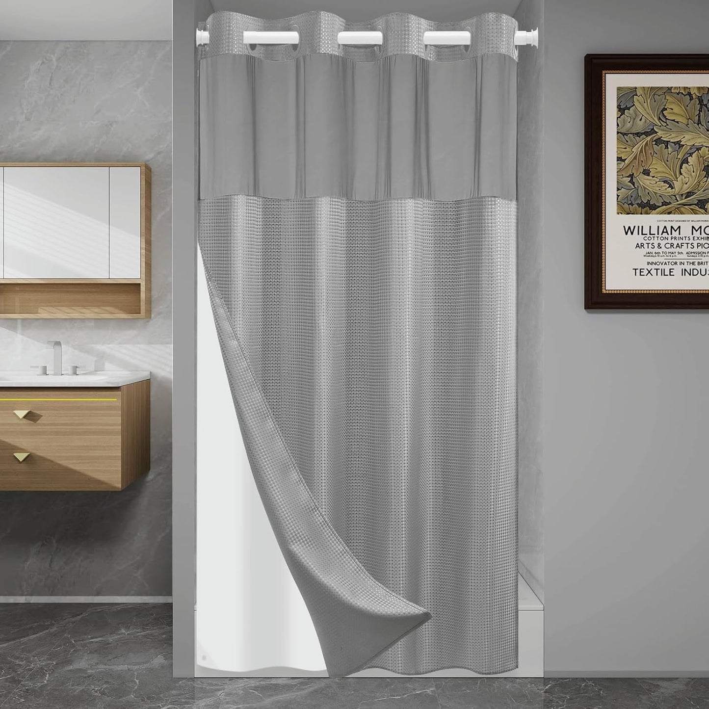 No Hook Shower Curtain with Snap in Liner Set Waffle Shower Curtain for Bathroom Hotel Style Fabric Waterproof Inner Liner，54" W x 80" H, Grey