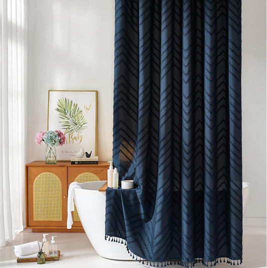 Extra Long Boho Navy Blue Shower Curtain, Woven Fabric Shower Curtain, Tufted Chevron Striped, 72 x 78, Modern Chic Textured Minimalist Bathroom Cloth Shower Curtains