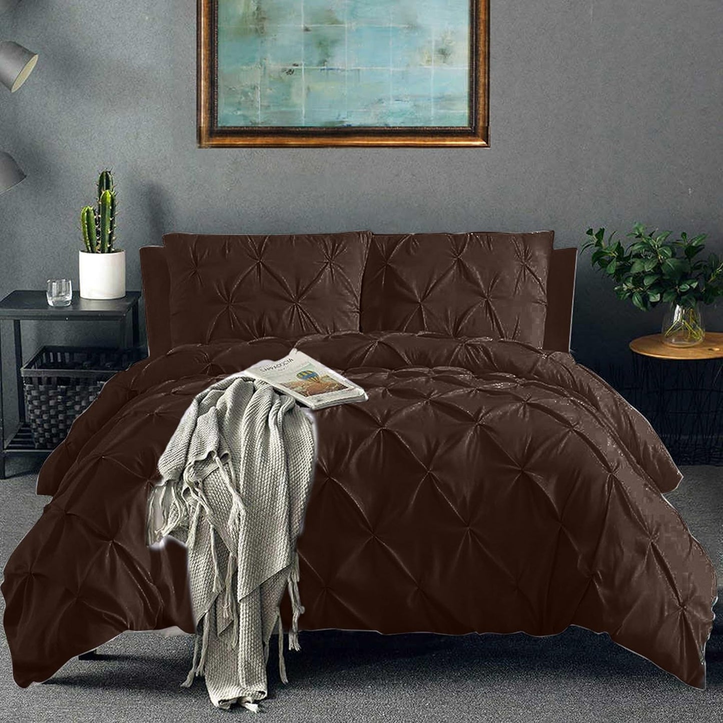Pinch Pleated Duvet Cover Set 100% Cotton 3PC Alaska King Size 120x132 Duvet Cover Set, Decorative Pinch Design Brown Duvet Cover with Matching Pillow Case