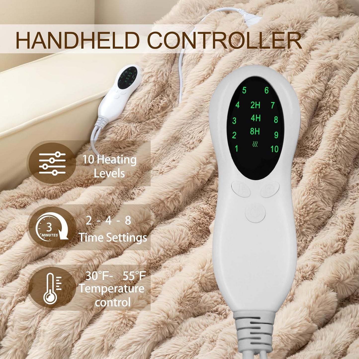 Faux Rabbit Fur Electric Blanket Throw 51"x63" – Heated Blanket with 5 Heat Levels 86°F–158°F, Digital Display & 2/4/8H Timer, Fast Heating, Machine Washable Bubble Plush Crystal Velvet Heating Throw