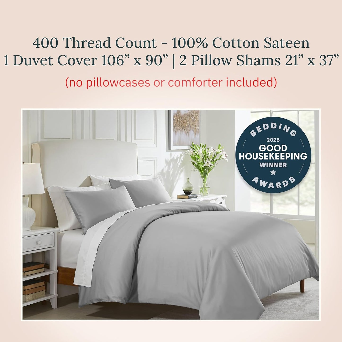 California Design Den 3 Pc King Size Duvet Cover Set -Winner Good Housekeeping Best Bedding Awards 2025, 400 Thread Count, 100% Cotton,Sateen Duvet Cover Cotton,Button Closure,Corner Ties - Light Grey