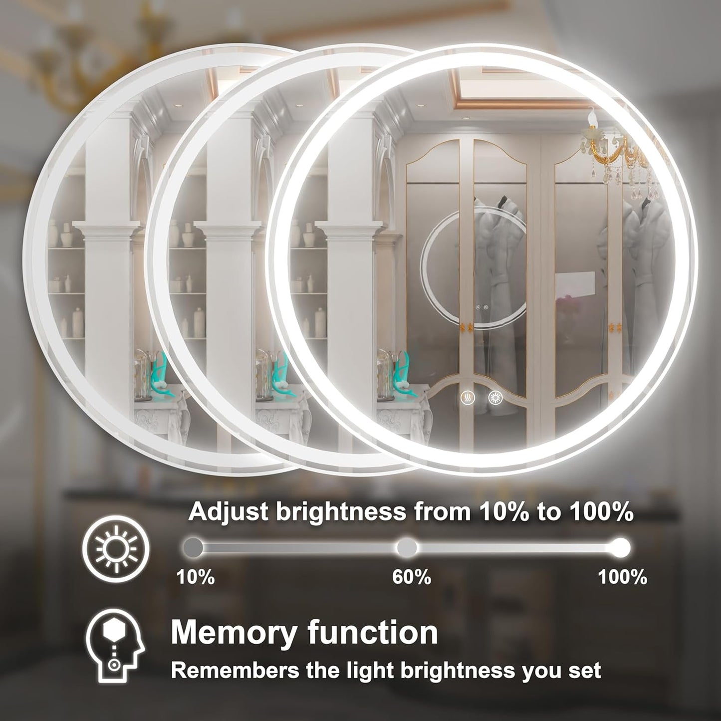 40-Inch Round LED Bathroom Mirror with Anti-Fog, Dimmable Front & Backlit Lights, 6000K Daylight, Frameless, 5mm HD Glass, Memory Function, Touch Control