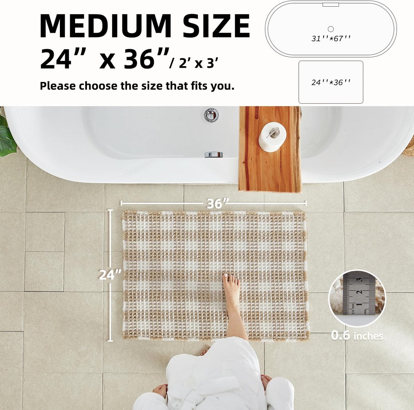 Waffle Bath Mat, Boho Bathroom Rugs Non Slip Washable Absorbent Checkered Bathroom Mat Quick Dry Farmhouse Bathroom Decor, 36"x24" Khaki and White