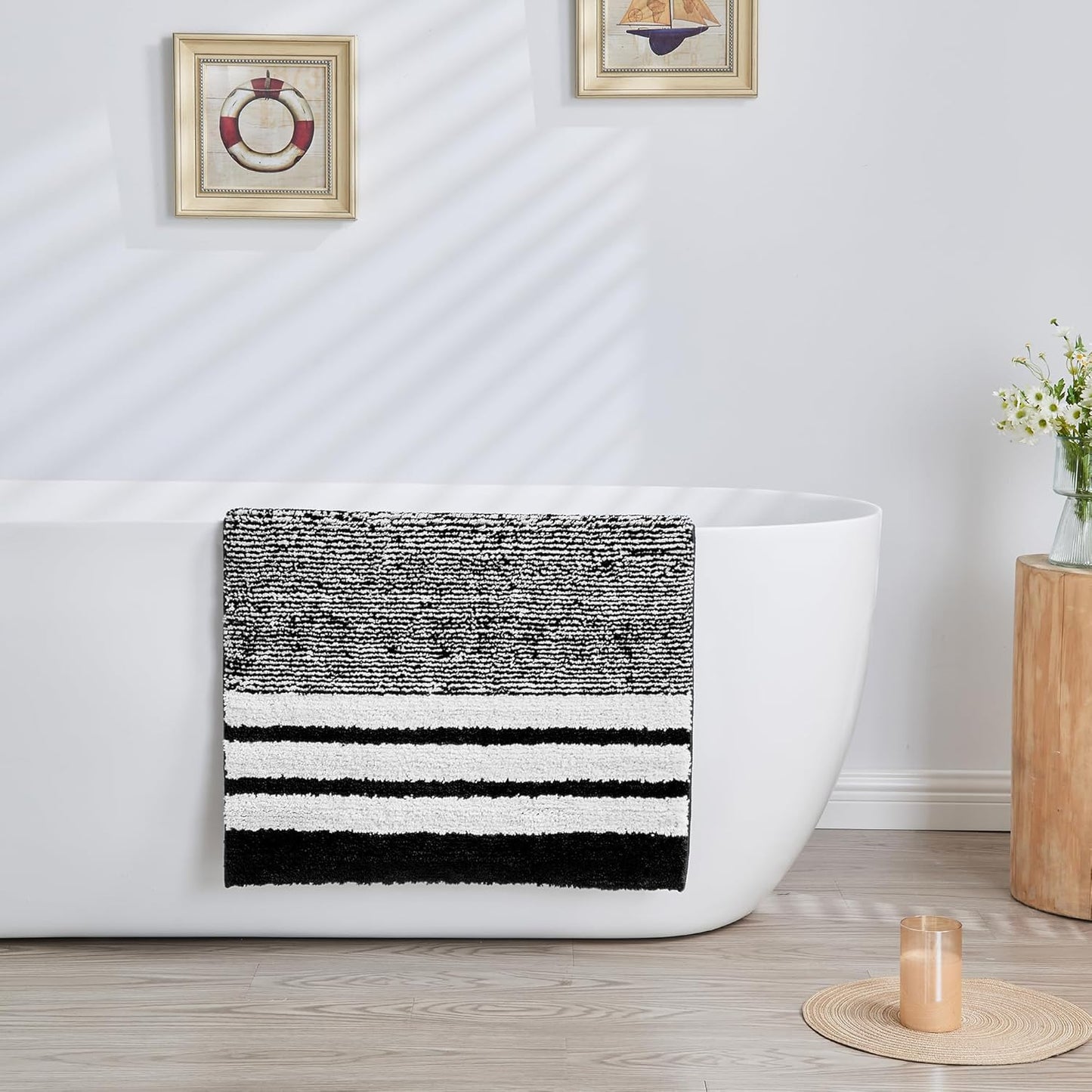 CozeCube Bath mats for Bathroom Non Slip, Fluffy Absorbent Microfiber Bath mat Washable, Aesthetic Bathroom Rugs, Cute Jet Black Striped Bath mat, Jet Black, 32" x 20"