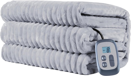 Electric Heated Blanket Full-Size 72x84 Inch - Ultra Soft Silky Flannel with Ribbed Texture, 10 Heating Levels and 12 Hours Auto-Off Feature - Light Gray