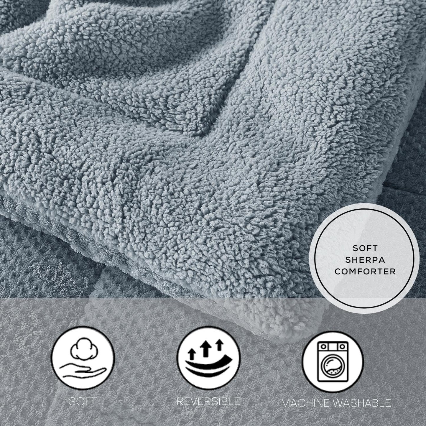KASENTEX Super Ultra Soft Luxury Plush Sherpa Comforter, Cozy Reversible Faux Fur Machine Washable Bedding, Grey Blue, Twin/Twin XL Size