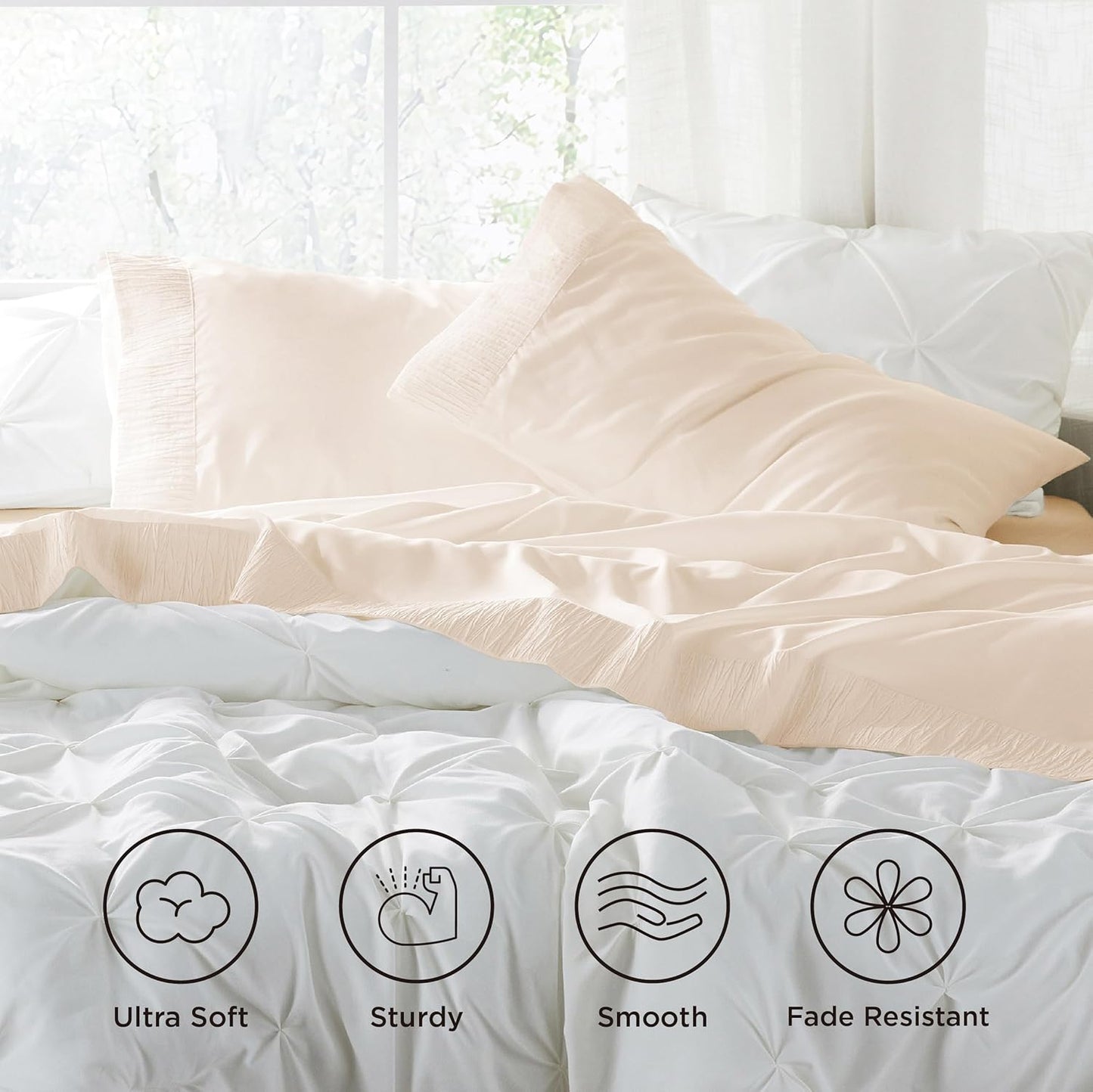 Bedsure King Size Sheets Set - 4 Pieces Soft King Sheets - Breathable & Cooling - Hotel Luxury - Easy Care Polyester Microfiber Bedding for Women, Men, Light Beige