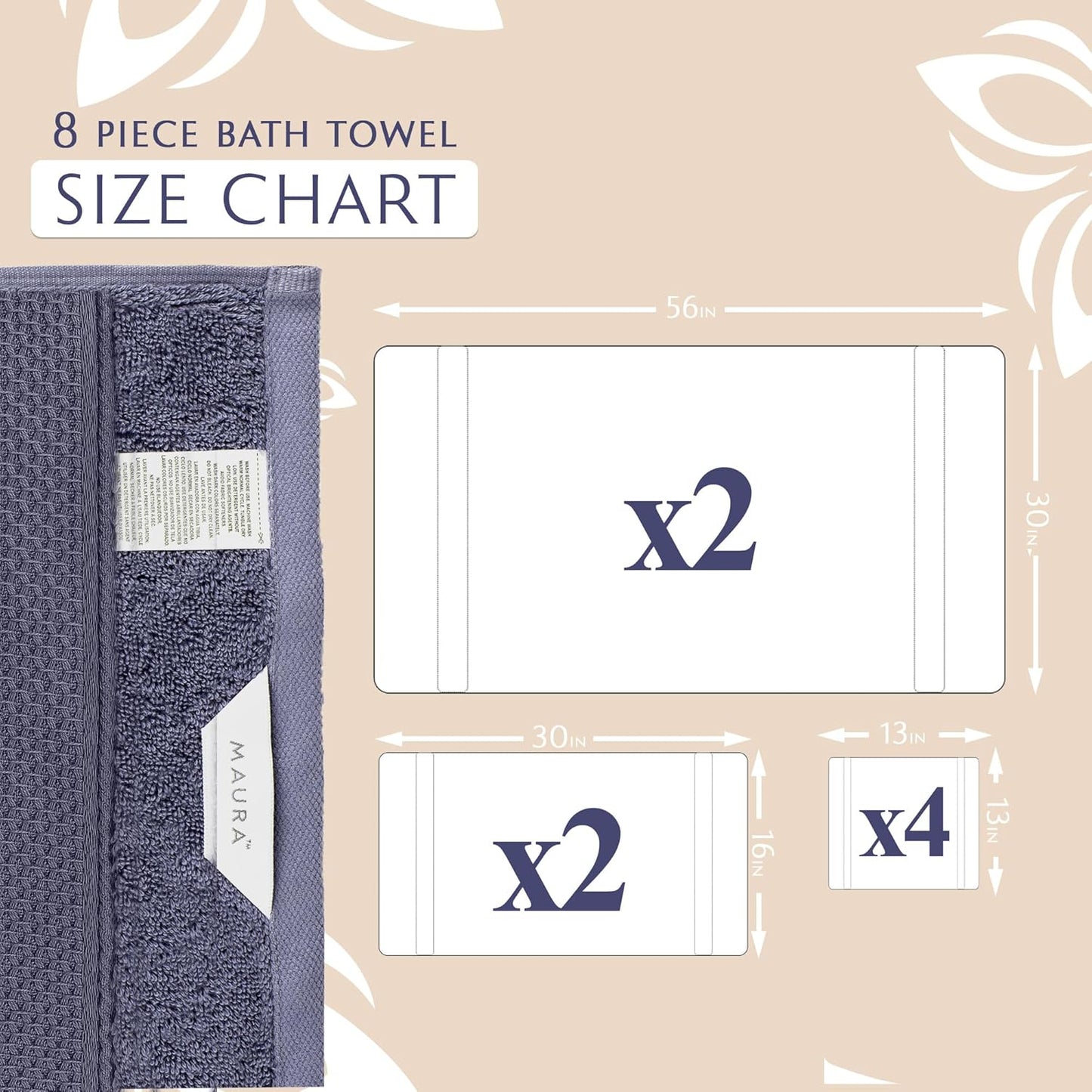 MAURA Indigo Blue Bath Towel Set of 8 for Bathroom. Turkish Cotton Luxury Bath Towels. Extra Large, Thick, Plush & Soft. Hotel & Spa Quality - Denim Blue