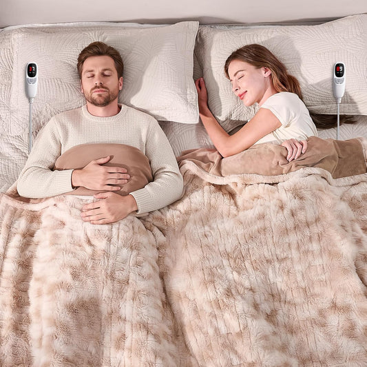Electric Blanket King Size 90"x100", Dual Zone Heated Blanket with 9 Heat Levels & 1-10H Timer, Faux Fur & Flannel, Soft Cozy Gift for Women/Men, for Couch, Bed & Office, ETL Certified (Dyed Brown)