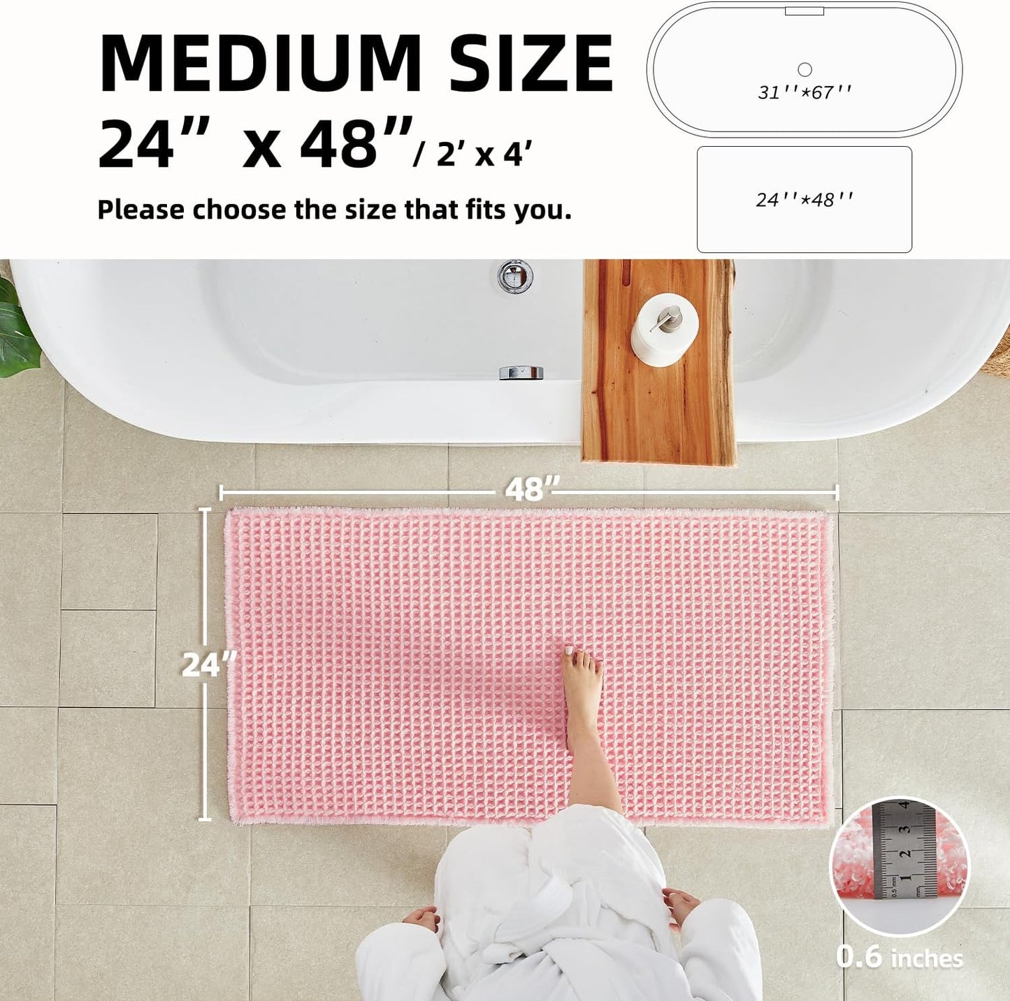 Light Peachy Pink Bathroom Rugs, Waffle Bath Mat Non Slip Washable Quick Dry Cute Bath Mat Boho Farmhouse Bathroom Decor, 48"x24" Light Peachy Pink