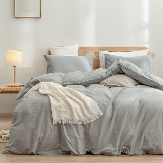 BESTOUCH Duvet Cover Set 100% Washed Cotton Linen Feel Super Soft Comfortable Chic Lightweight 3 PCs Home Bedding Set Solid Light Grey Super King Plus