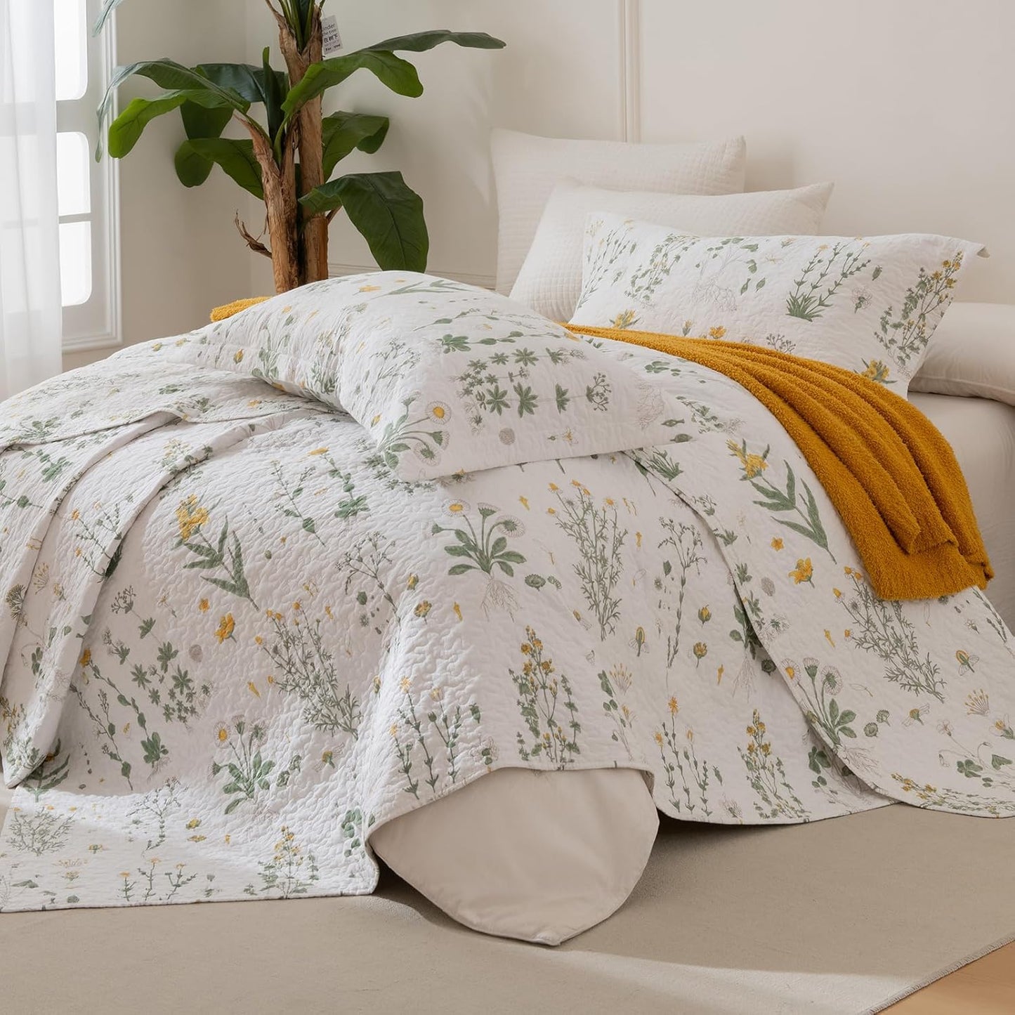 Lady Ann Oversized King Bedspreads 128x120, Cotton California King Quilt Bedding Set, Yellow Floral & Green Leaves Pattern Printed Cottagecore Coverlet Set Shabby and Chic Bedspread, 3 Pcs