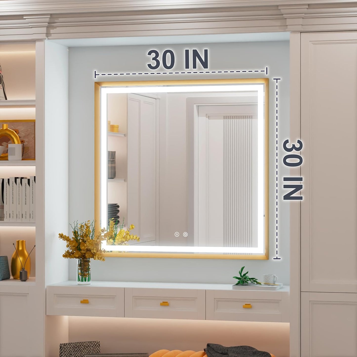 30x30 Inch Gold LED Bathroom Mirror, 3 Color Temperatures (3000K/4500K/6000K), Anti-Fog, Dimmable Lights, Memory Function, Horizontal/Vertical Wall Mounted