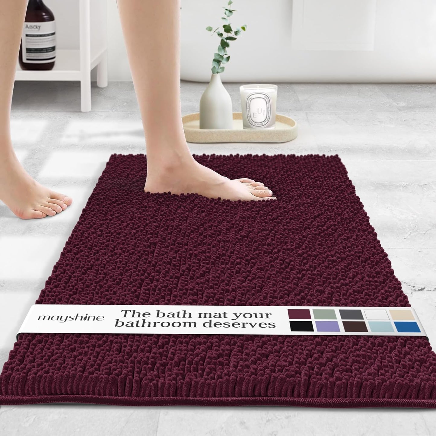 MAYSHINE Plush Shaggy Chenille Bath Mat | Extra Soft, Super Absorbent, Non-Slip Bathroom Rug | Fluffy Microfiber, Area Rug Sets for Bathroom Floor, Kitchen, Living Room | 32"x20" | Burgundy