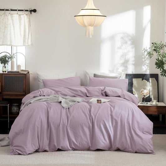 FOSSA Duvet Cover Set 100% Washed Cotton Linen Feel Super Soft Breathable Cozy 3 Pieces Bedding Sets Solid Light Purple King