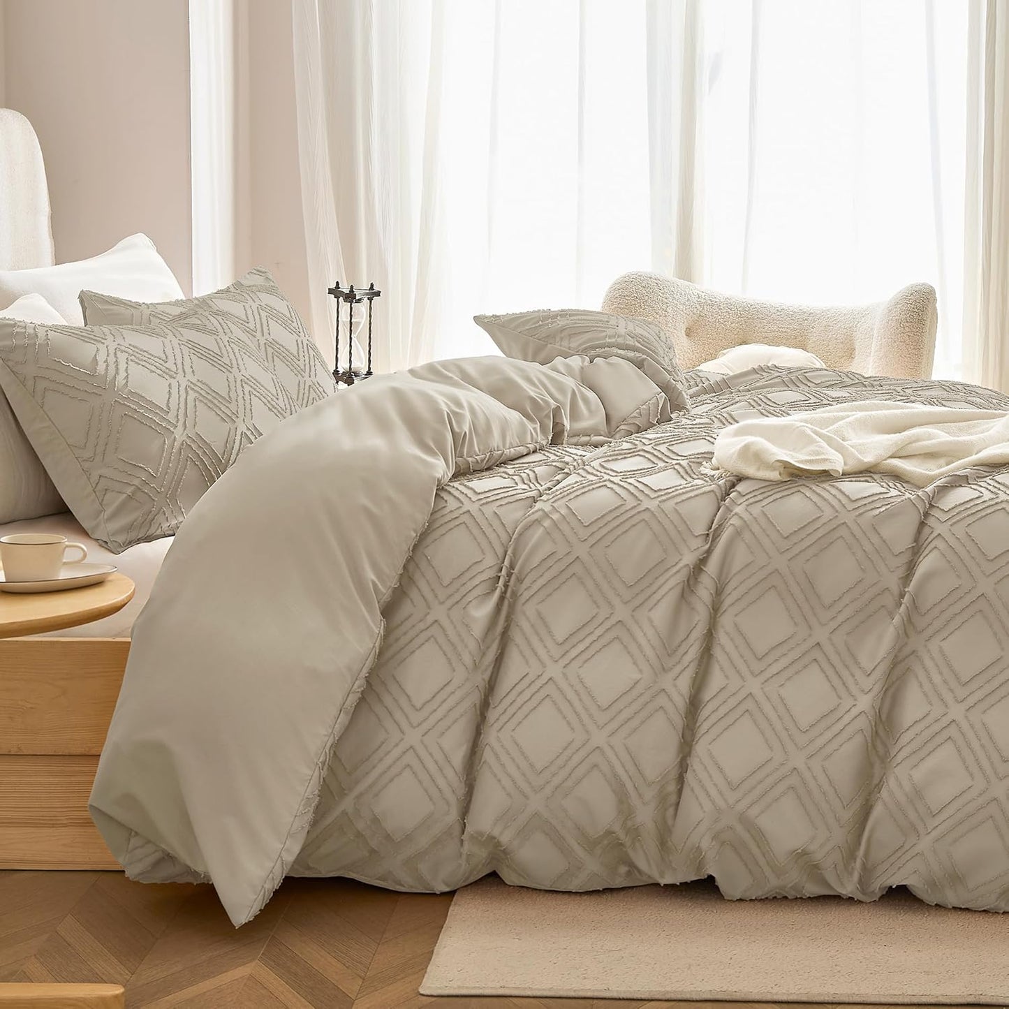 JELLYMONI Duvet Cover King Size Khaki - 3PCS Boho Duvet Cover Set Plaid Polyester Tufted Bohemian Jacquard Knit Textured Comforter Cover 104×90in Rhombic Geometric Pattern Zipper Corner Tie