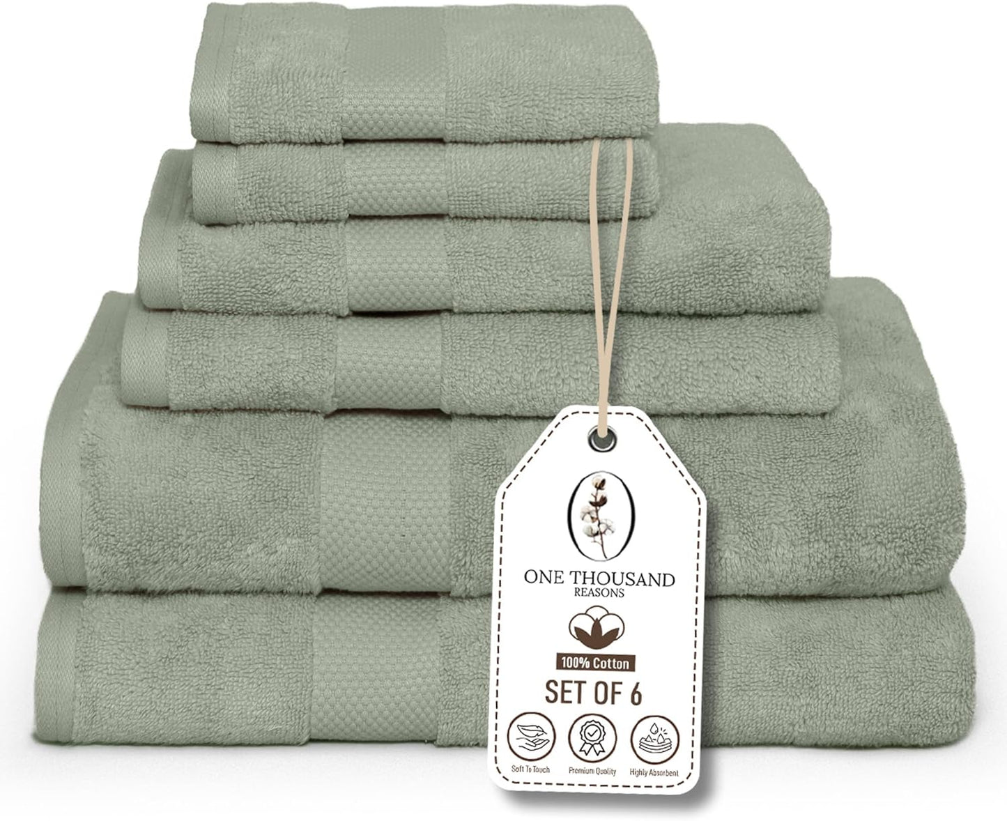 Premium Staple Cotton Bathroom Towel Set - Sage Green 600 GSM 6-Piece Luxury Bath Towel Set 1 Stripe - 2 Bath Towels, 2 Hand Towels & 2 Washclothes Set - High Absorbent & Quick Dry for Gym, Spa, Hotel
