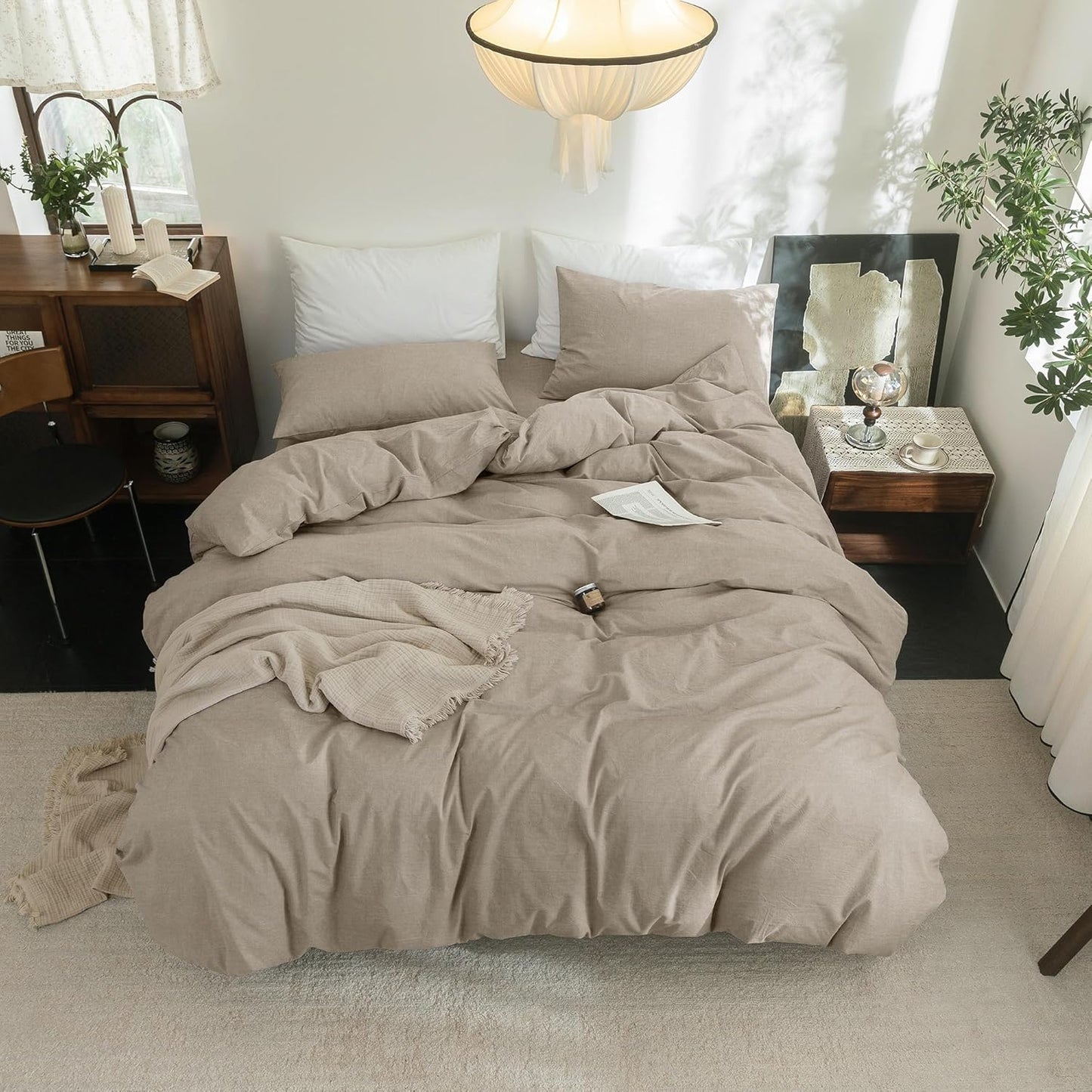 FOSSA Duvet Cover Set 100% Washed Cotton Linen Feel Super Soft Breathable Cozy 3 Pieces Bedding Sets Solid Tannish Linen Grey Oversized King Plus