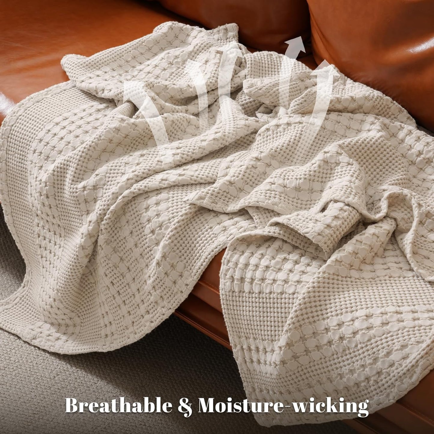 PHF 100% Cotton Waffle Weave Throw Blanket, Soft Lightweight Breathable Cozy Throws for Couch Bed Sofa, Luxury Aesthetic Woven Blanket for Home Decor & Office, 50"x60", Oatmeal