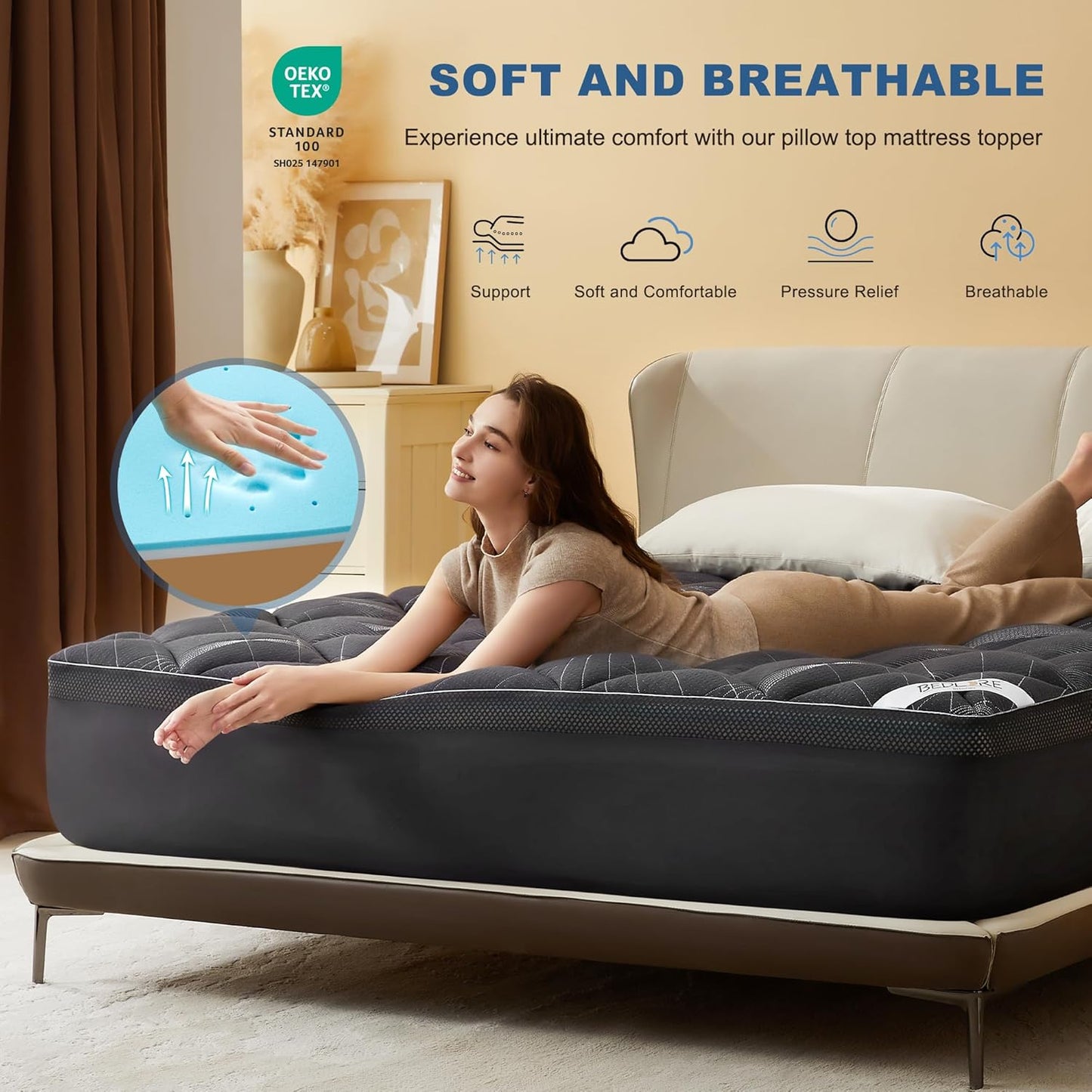 Bedlore 4-Inch Full Mattress Topper for Back Pain - Dual Layer Medium Support (2" Gel Memory Foam + 2" Cooling Fluffy Pillow Top Pad), Breathable & Pressure Relief (Gray)