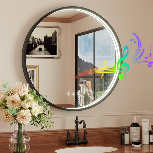 20-inch Round LED Bathroom Mirror with Bluetooth Speakers, Anti-Fog, Dimmable Lights & 3 Color Temperatures (3000K/4500K/6000K), Matte Black Aluminum Frame