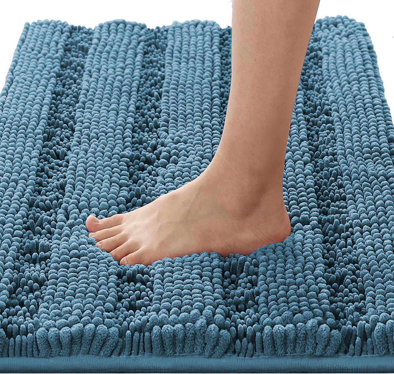 H.VERSAILTEX Bathroom Rugs Bath Rugs for Bathroom Non Slip Bath Mats Extra Thick Chenille Striped Rug 17" x 24" Absorbent Soft Shaggy Washable Dry Fast Bath Mats for Bath Room Floor - Turquoise Blue