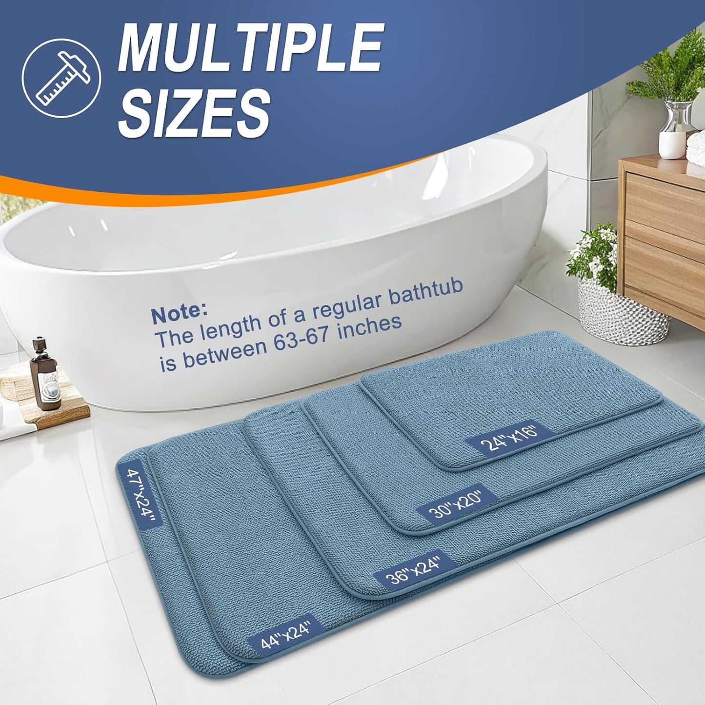 OLANLY Thick Memory Foam Bath Mat Rug 70x24, Extra Soft Absorbent Bathroom Rug, Quick Dry Bath Mats, Non-Slip, Machine Washable Carpet for Bathroom, Tub and Shower, Home Decor Accessories, Airy Blue