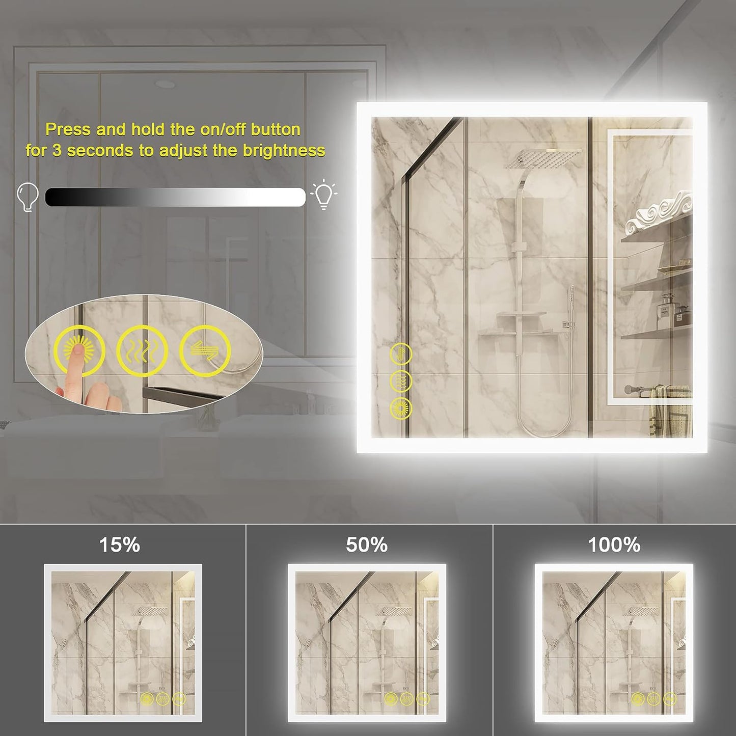 Wall-Mounted LED Square Bathroom Mirror, Makeup Mirror (36 inches x36 inches,) 3 Color Stepless Dimmable Memory Bathroom Vanity Mirror with Lights CRI90+ 3000-6400K Smart Mirror with Touch
