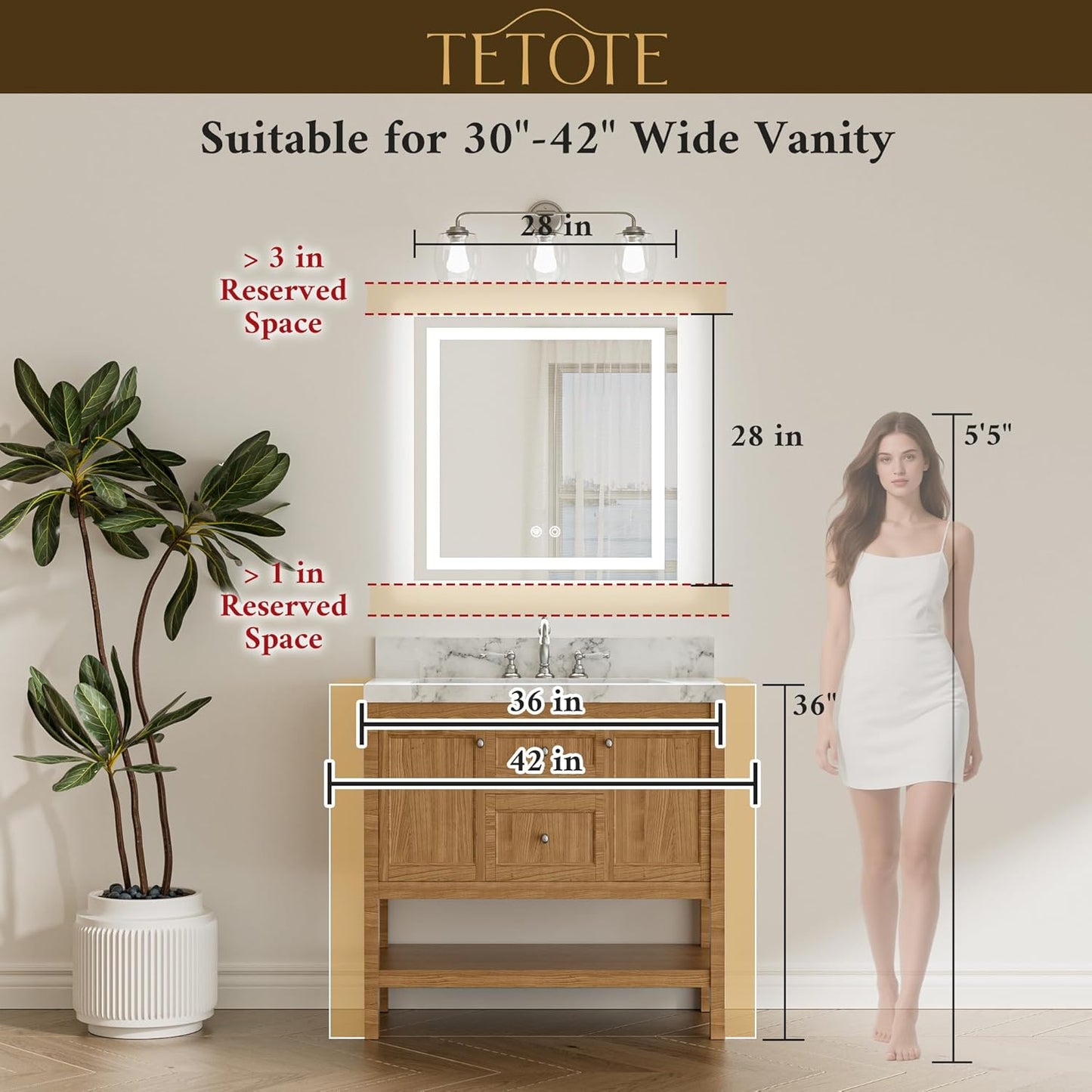 TETOTE 28 x 28 Inch LED Bathroom Mirror with Frontlit and Backlit, Brighter Light up Bathroom Vanity Mirror with Lights, 3-Color Dimmable Illuminated Anti Fog Mirror Wall Mounted, Waterproof