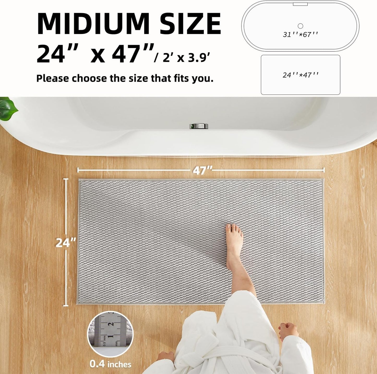 Bathroom Rugs Non Slip Washable, Super Absorbent Thin Bath Mat Quick Dry Low Pile Bathroom Rug, Light Grey 24"x47"