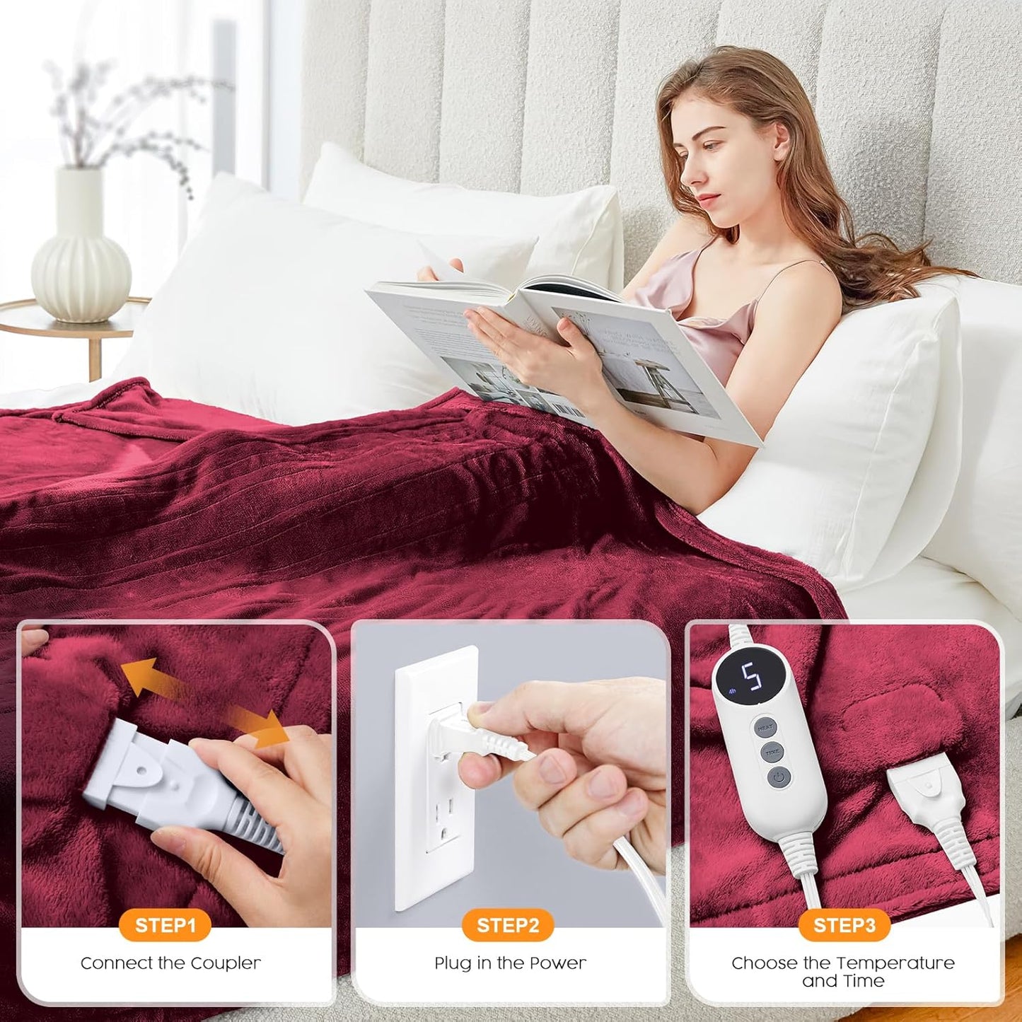 HYLEORY Heated Electric Blanket Throw, 2-Layer Cozy Warm Flannel 62" x 84", Heating Blanket with 9 Heating Levels, 2/4/6/10 Hours Auto Off, Fast Heating Winter Blanket, Red
