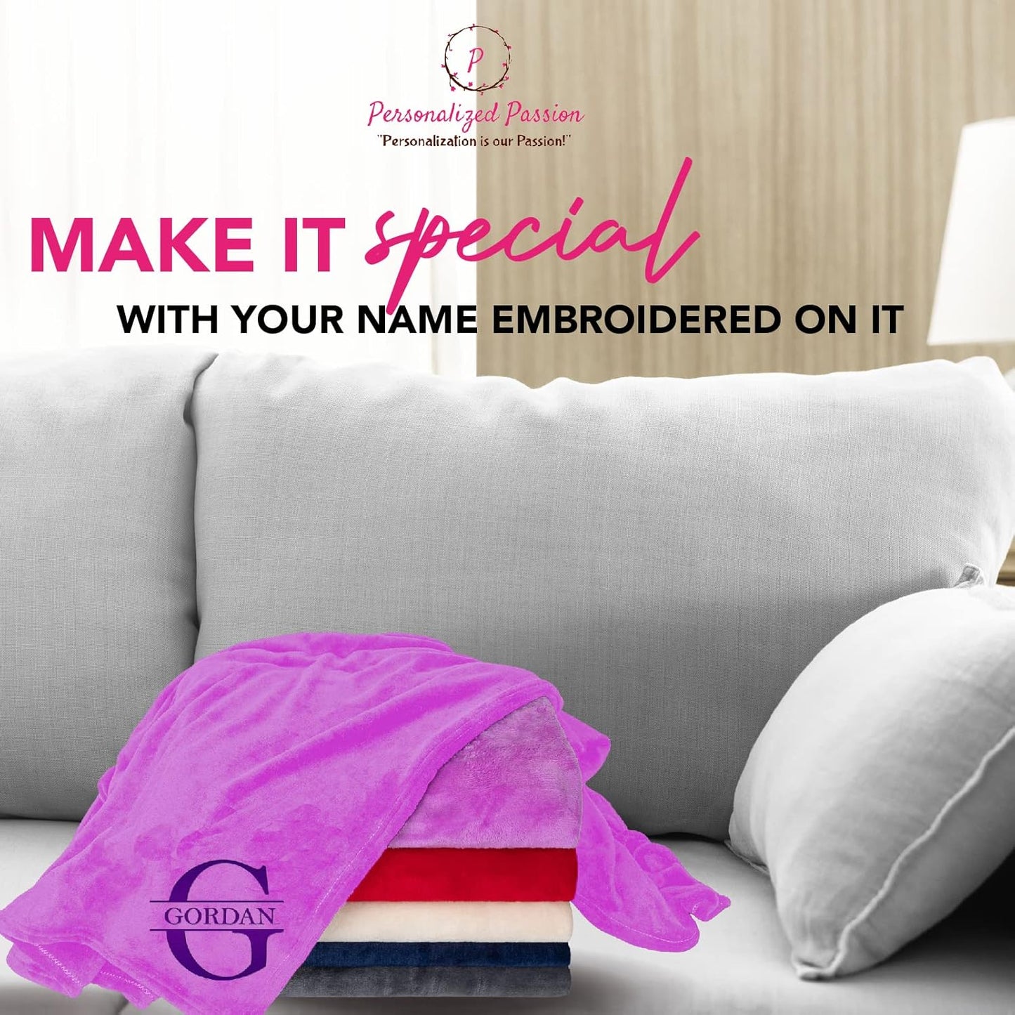 Personalized Passion Blankets with Custom Name & Initial Monogram - Super Soft Cozy Fleece - 80x60 Inches Customized Purple Blanket for Him and Her