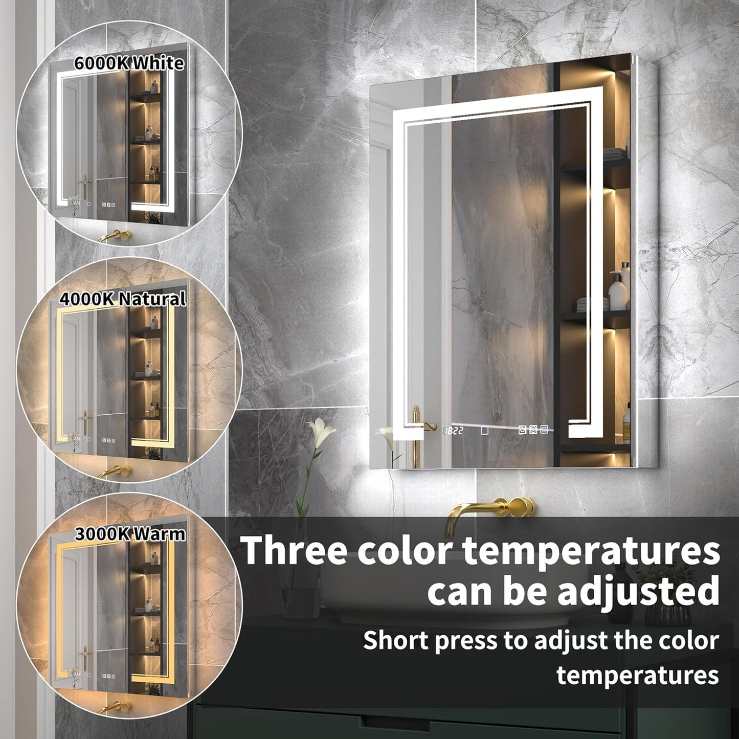 24"x32"Lighted Medicine Cabinet with Mirror, Recessed or Surface Mount LED Medicine Cabinet, Front&Backlit, Anti-Fog, Stepless Dimming, 3-Color Temperatures, Adjustable Shelves, Right Hinge