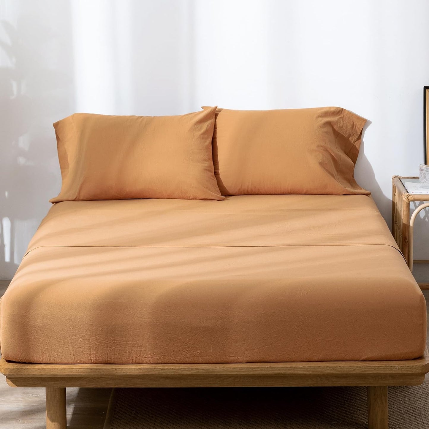 MooMee Bedding Sheet Set 100% Washed Cotton Linen Like Textured Breathable Durable Soft Comfy (Solid Burnt Orange, Twin XL)