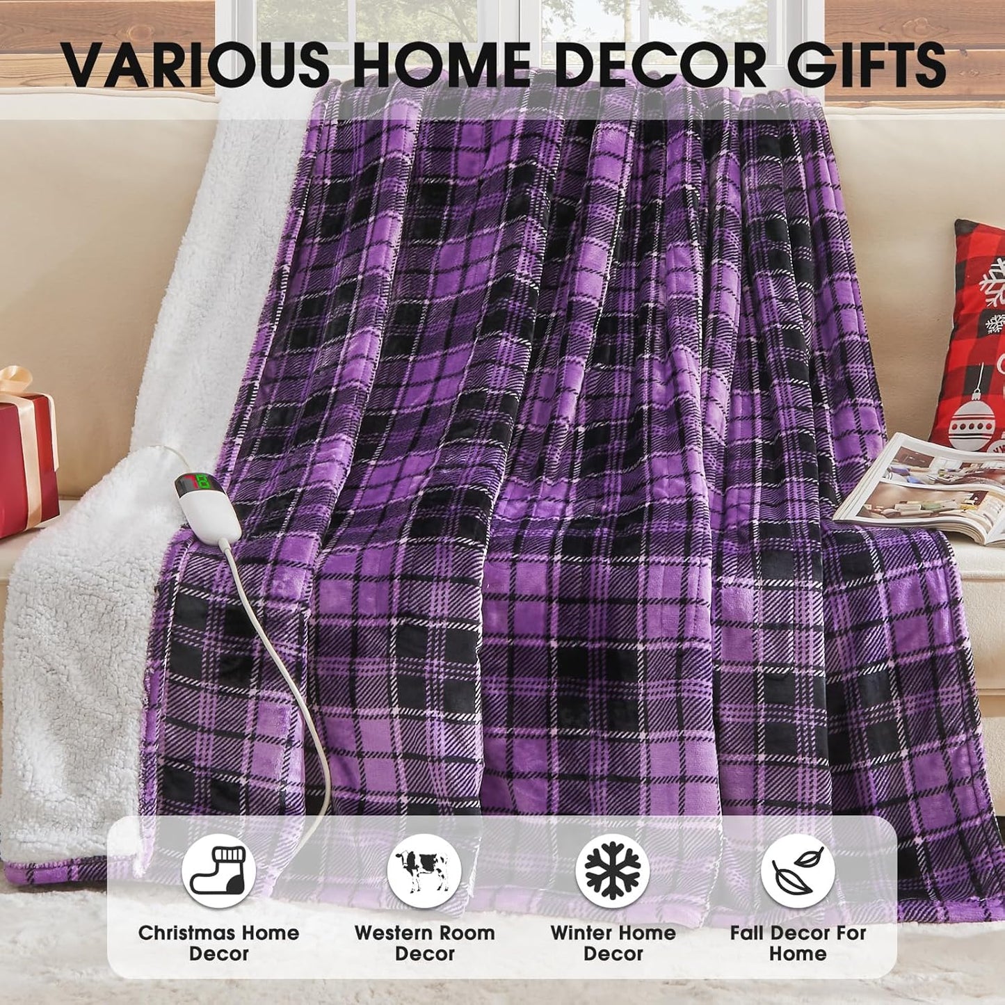 OCTROT Heated Blanket Electric, Twin Size 62X84, Heating Blanket with 10 Heating Levels & 8 Hours Auto Off, Purple Checkered Plaid Sherpa Blankets Warmer for Adults, Fast Heating and Washable