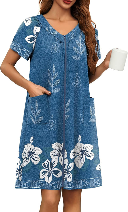 Ekouaer Women Robe Zipper Front Mumu Duster Robes Zip Up Housecoat Soft Sleepwear with Pockets S-3XL