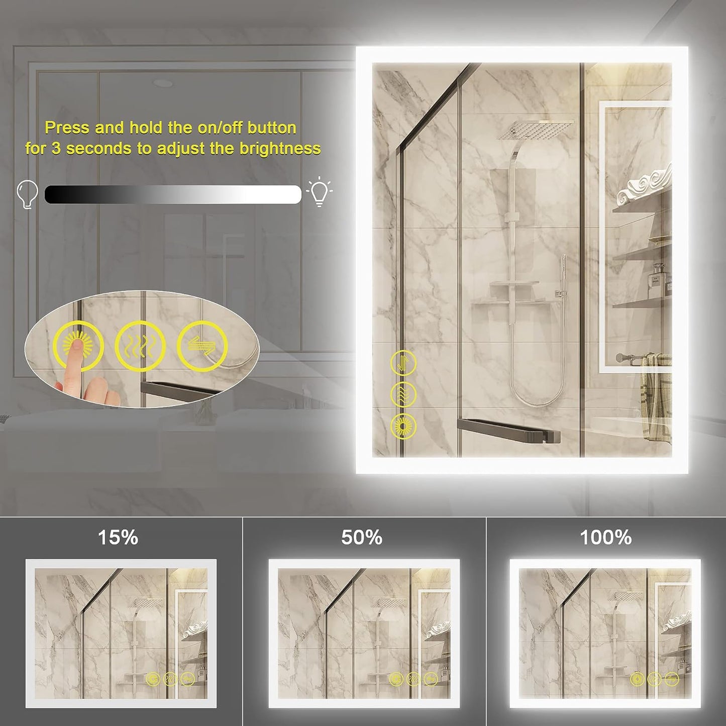 Wall-Mounted LED Square Bathroom Mirror, Makeup Mirror (36inches x 30inches,) 3 Color Stepless Dimmable Memory Bathroom Vanity Mirror with Lights CRI90+ 3000-6400K Smart Mirror with Touch