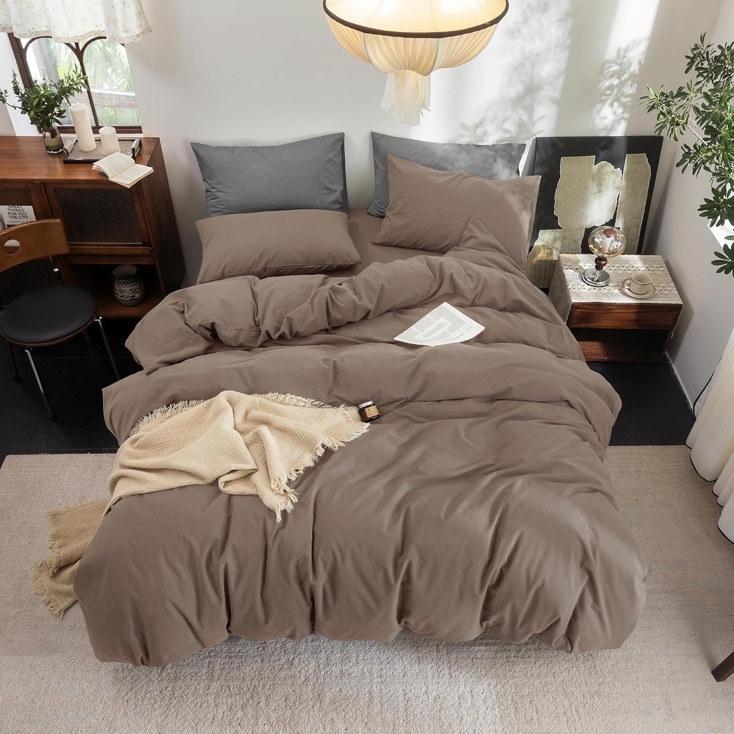 FOSSA Duvet Cover Set 100% Washed Cotton Linen Feel Super Soft Breathable Cozy 3 Pieces Bedding Sets Solid Pale Brown Super King