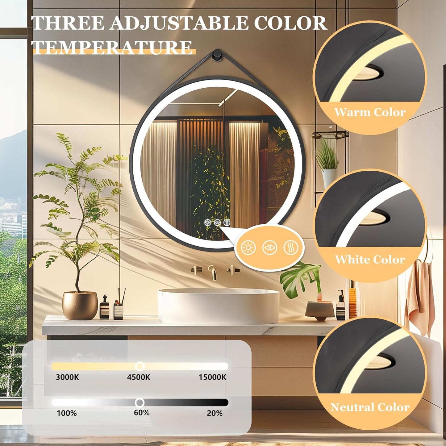 LUVODI Lighted LED Bathroom Mirror: 24” Round Wall Mounted Hanging Vanity Mirror with Front Light - Large Dimmable 3 Colors Makeup Mirror with Black Frame Sensor Touch Anti Fog for Bedroom Entryway