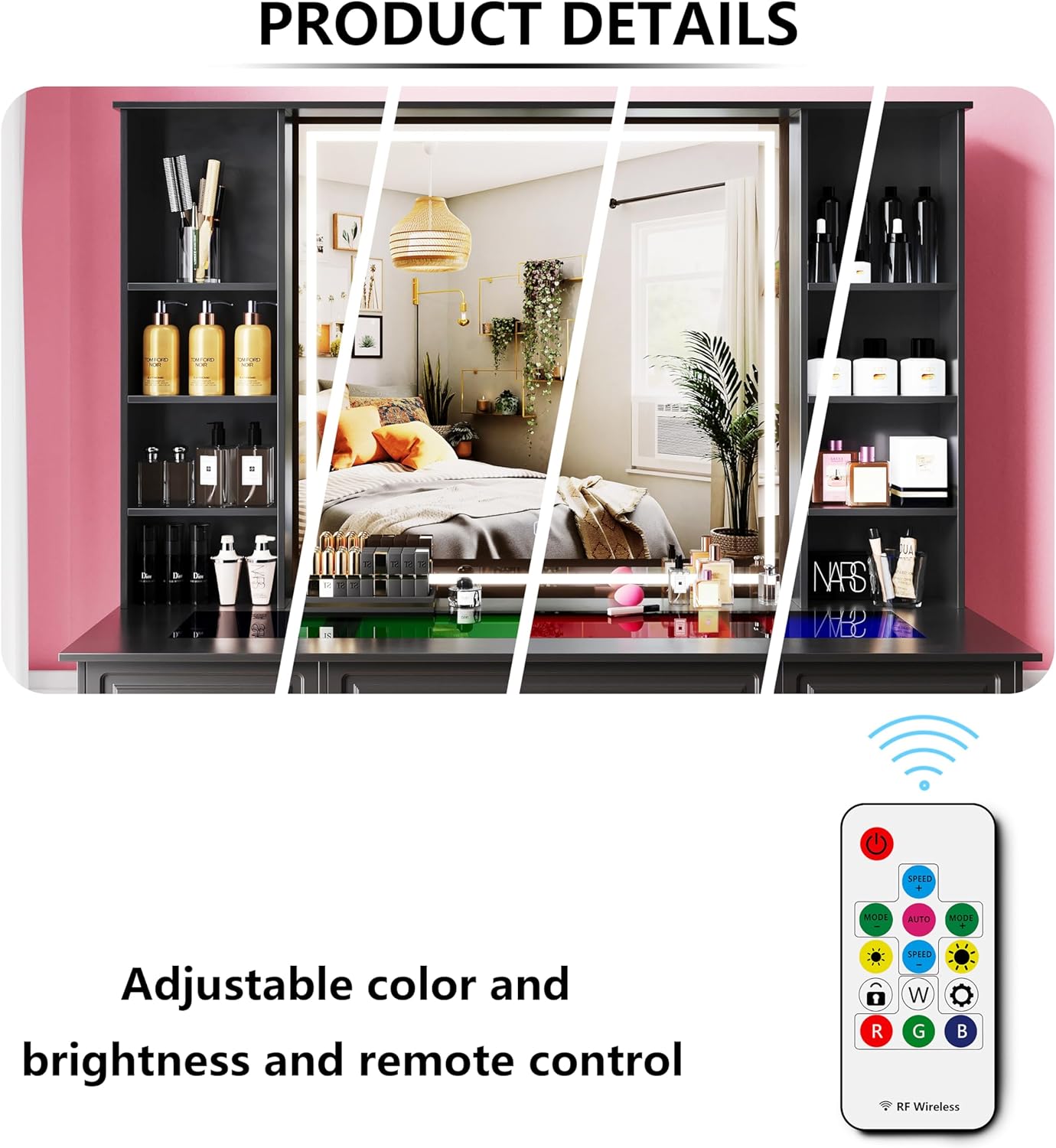Vanity Desk with Mirror and Light, Glass Top Dresser with 9 Drawers, Vanity Table with Storage, Dressing Table, Bedroom Makeup Desk for Women (Black-Glass Top)