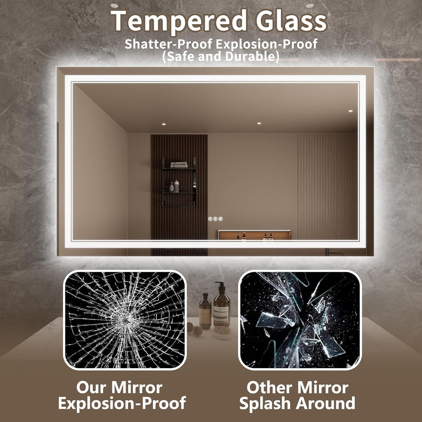 Bathroom Mirror with Lights 36"X60" with Front Light and Backlit, Tempered Glass, Wall Mount Horizontal/Vertical, Stepless Dimmable, 3 Colors, Anti Fog, Bathroom Memory LED Mirror