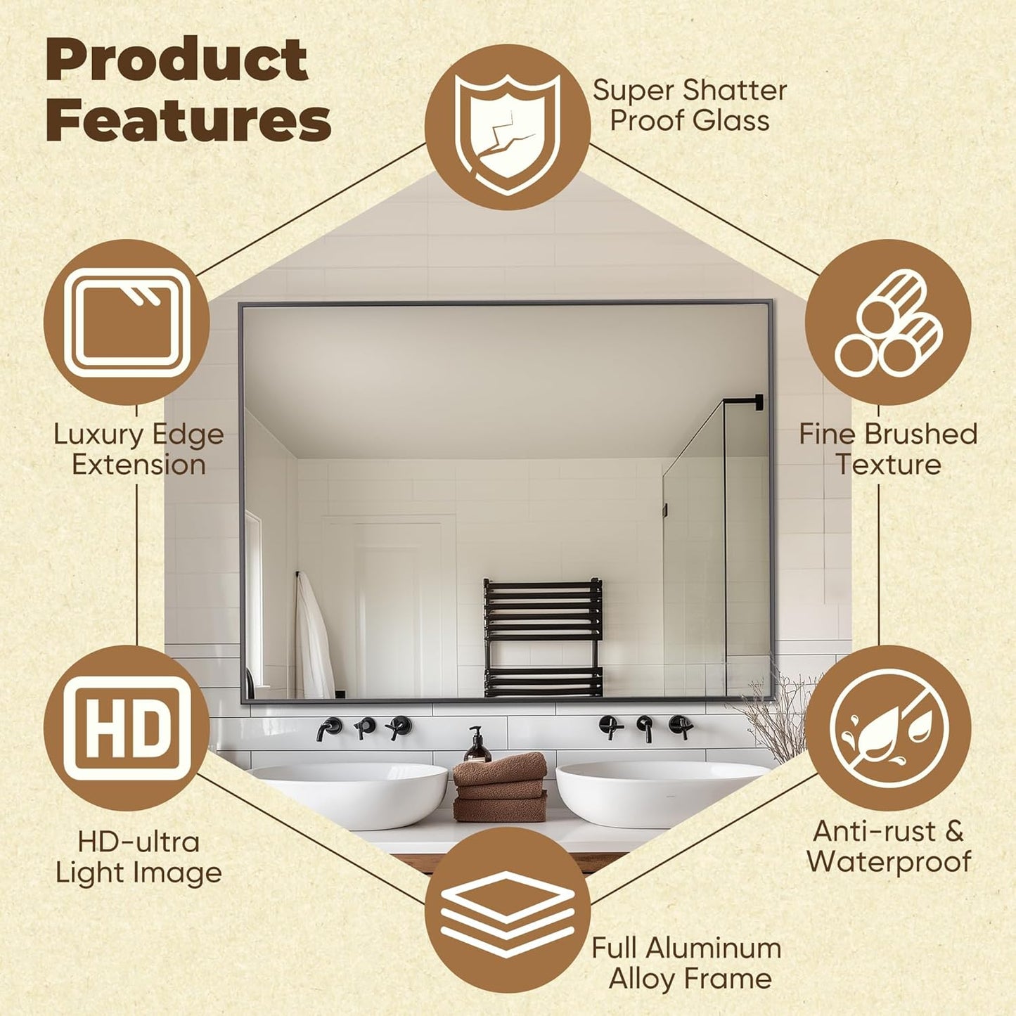 Antok Bathroom Mirror,48"x36" Wall Mirror, Decorative Mirrors Vanity Mirror Aluminum Alloy Frame Contemporary Hanging Mirror for Living Room Bathroom Entryway,Black,Round Corner