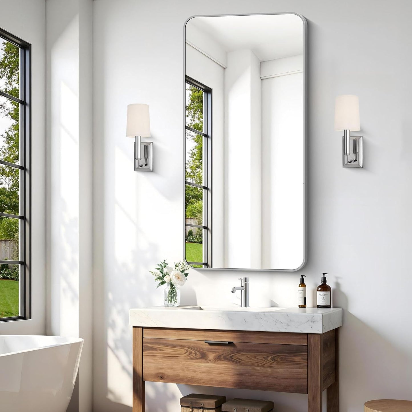 48x24 Inch Silver Bathroom Mirror, Metal Framed Silver Rectangle Mirror, Rounded Rectangular Vanity Mirror, Wall Mounted Mirrors for Living Room Bedroom Entryway Hangs Horizontal or Vertical