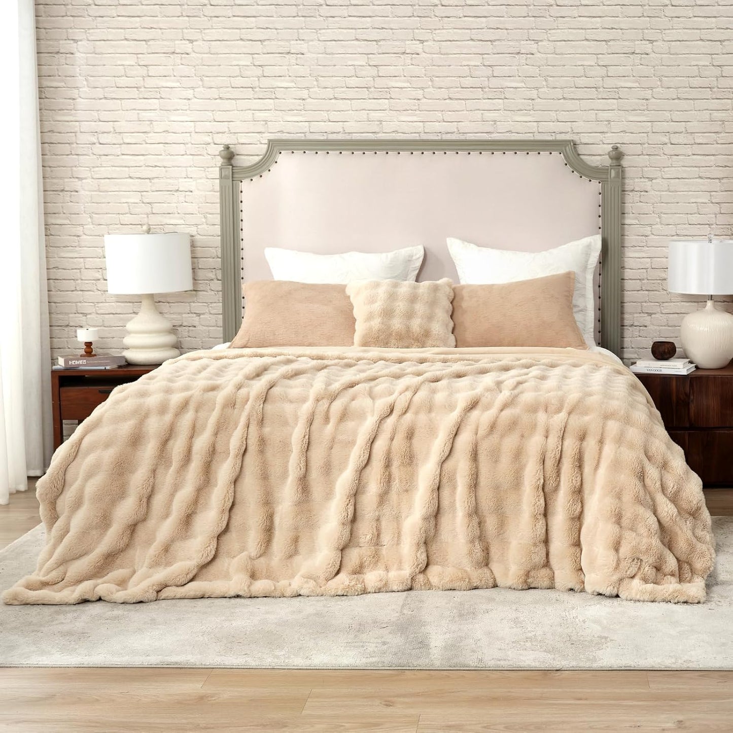 Cozy Bliss Faux Fur Throw Blanket for Couch, Bubble Plush Blanket Queen Size, Fuzzy Soft & Thick Blanket for Bed Sofa Living Room, 90x90 Inches Beige
