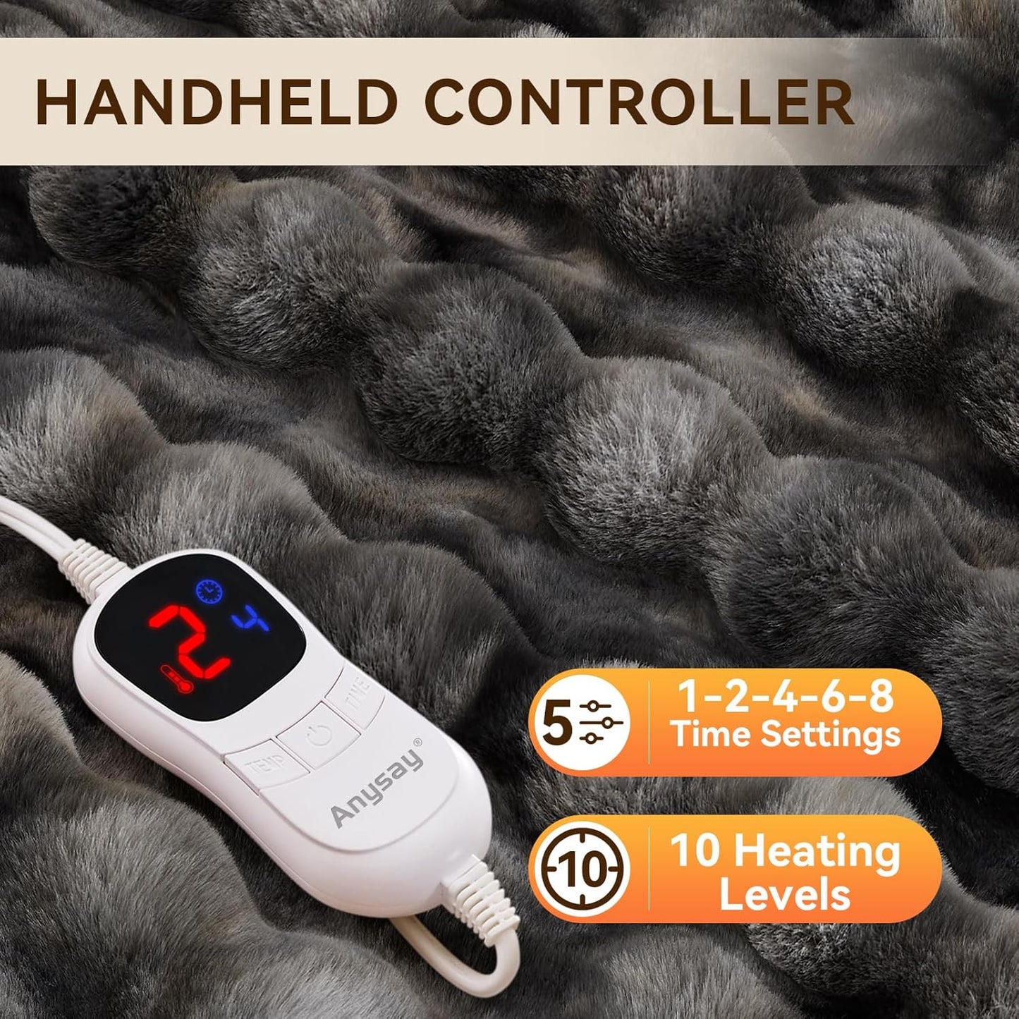 Heated Blanket Queen Size with 1/2/4/6/8 Hours Auto-Off 10 Heat Level, 72'' * 84'' Cozy Faux Rabbit Fur Bubble Electric Blanket with Overheat Protection(Tie-Dye Dark Grey)
