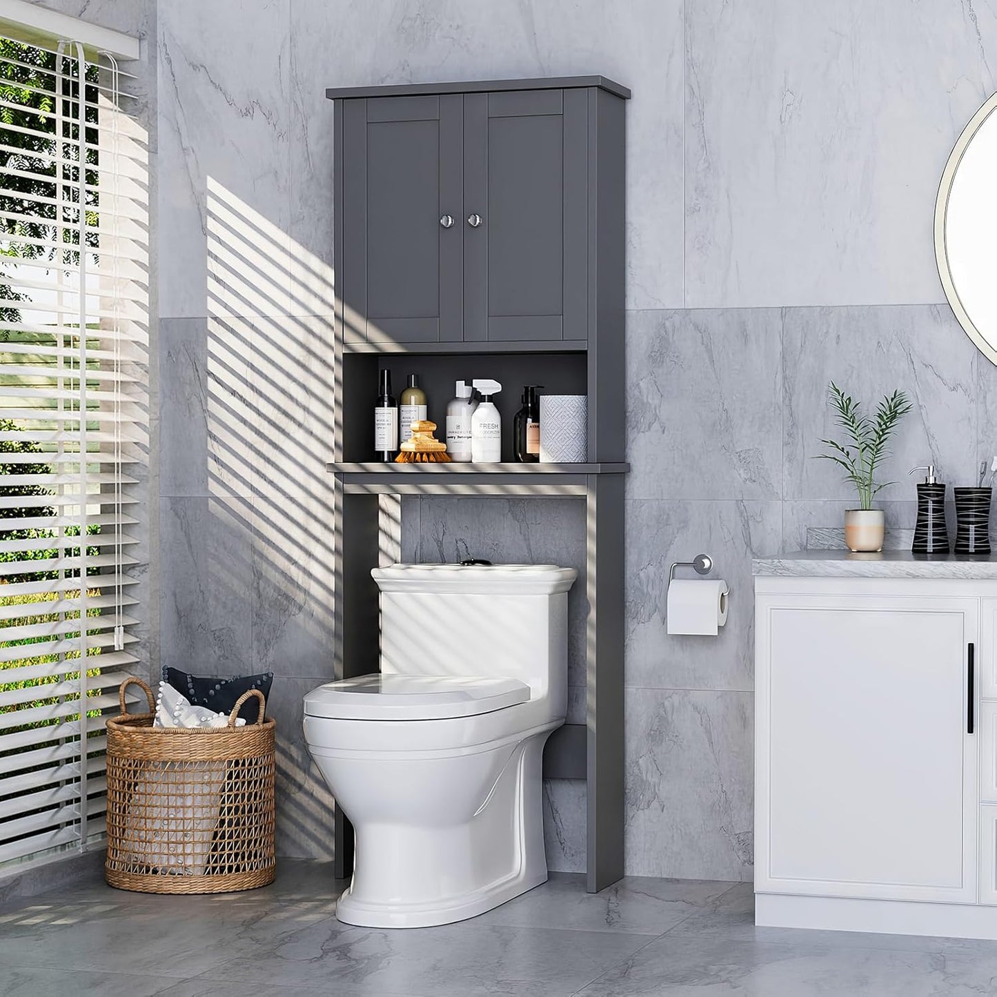 Meilocar Over The Toilet Storage Cabinet, Bathroom Storage Cabinet Over Toilet with 2 Wood Doors, Freestanding Space Saver, Adjustable Shelf & Open Shelf, Grey