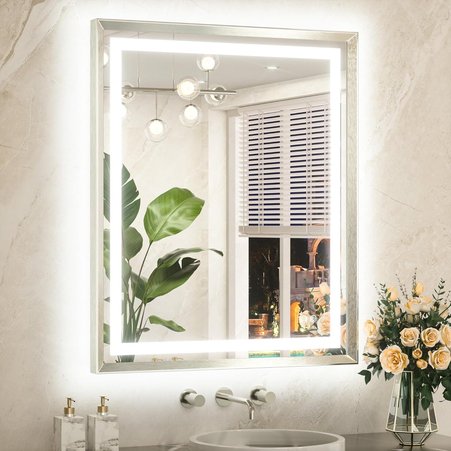 TETOTE Led Bathroom Mirror 30 x 36 with Brushed Bright Nickel Frame Anti-Fog Frontlit & Backlit Vanity Mirror Stepless Dimmable 3 Colors White/Warm/Natural Wall-Mounted