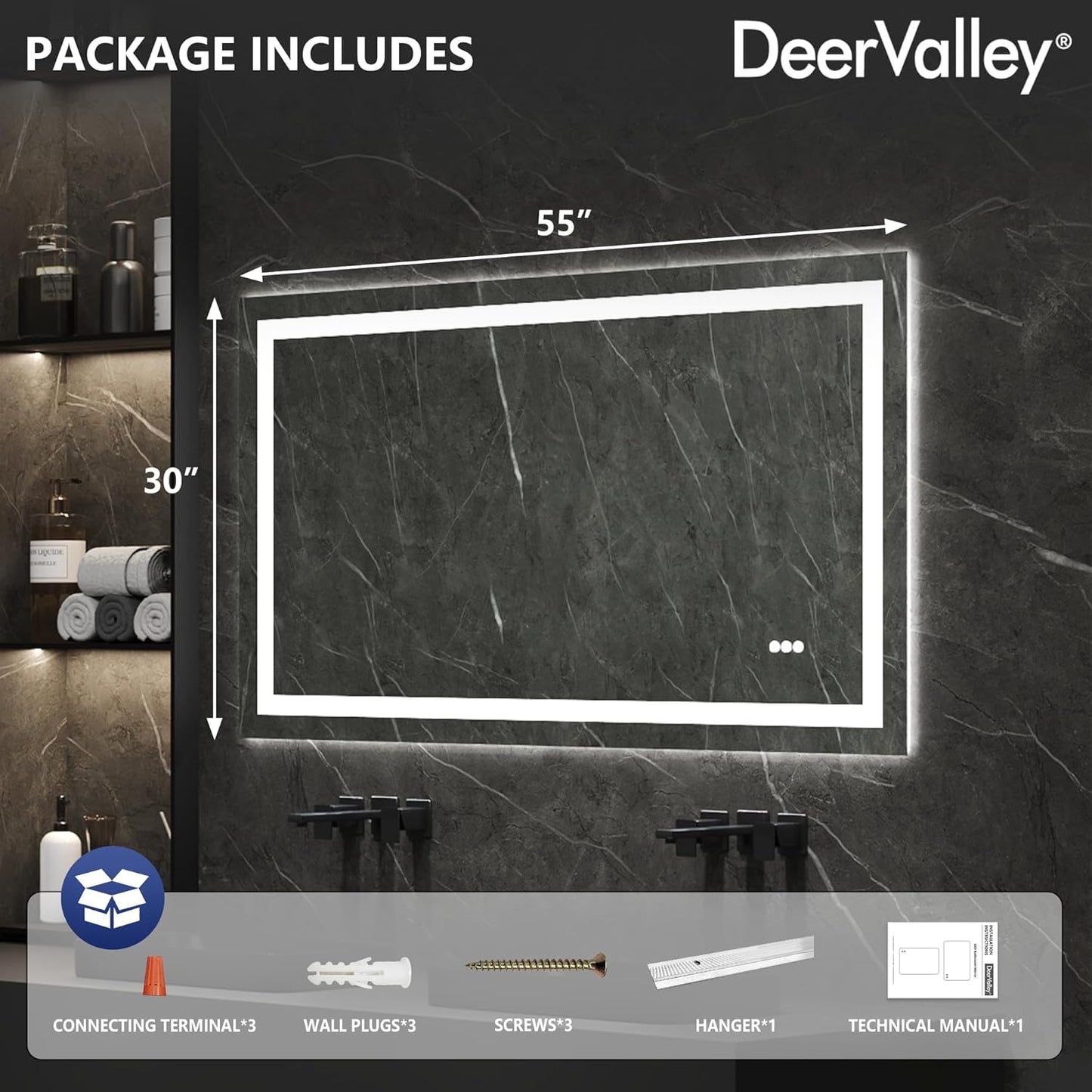 DeerValley LED Bathroom Mirror, 55" x 30" Front and Backlit Wall Mounted Bathroom Vanity Mirror, Anti-Fog, 3 Colors Dimmable, Shatterproof, Tempered Glass, Memory Function (Horizontal/Vertical)
