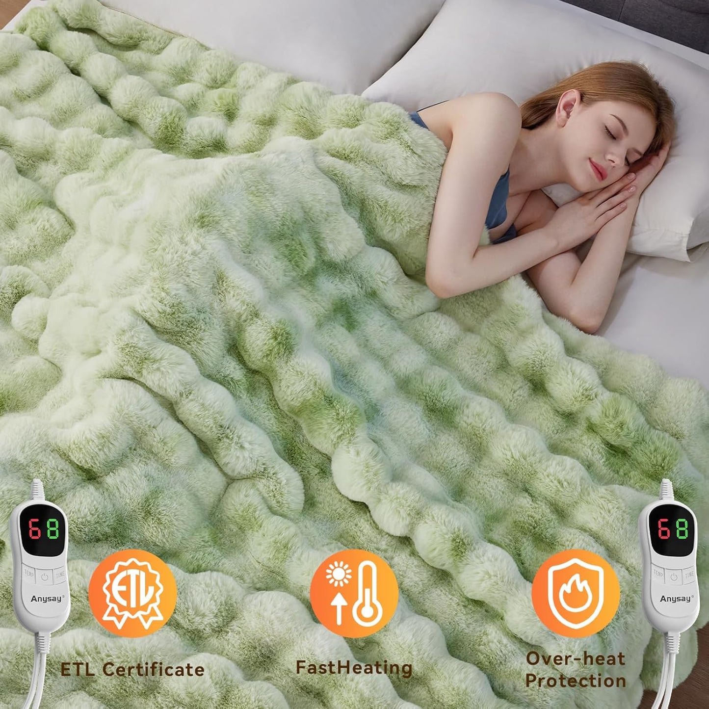 Heated Blanket Throw with 1/2/4/6/8 Hours Auto-Off 10 Heat Level, 90'' * 100'' Cozy Faux Rabbit Fur Bubble Electric Blanket with Overheat Protection(Tie-Dye Green)