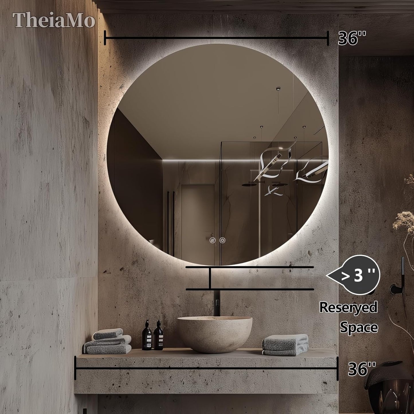 Round LED Mirror for Bathroom, 36" Circle Frameless Backlit Mirror with Lights, Wall Mounted Vanity Mirror, 3 Colors, Dimmable, Anti-Fog, IP65 Waterproof, Memory Function, UL Listed